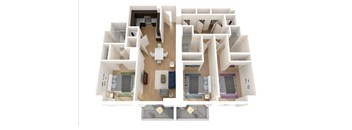 A 3D floor plan of a house with a kitchen, living room, and bedrooms.