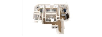 A white and wood house with a kitchen, living room, and two bathrooms.