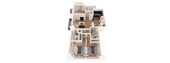 A 3D model of a house with a kitchen, living room, and two bedrooms.