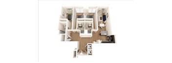 A white dollhouse with a kitchen, living room, and dining room.