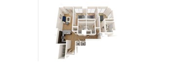 A top-down view of a house layout with a kitchen, living room, and bedrooms.