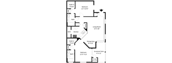 2D floor plan of the Cape Florida two-bedroom, two-bathroom apartment at Providence at Palm Harbor, featuring an open living area, kitchen, two bedrooms, two bathrooms, and generous closet space.