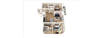 A 3D floor plan of a house showing the layout of the rooms.