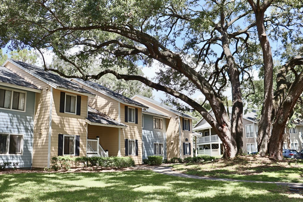 A row of houses with trees in front.