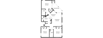 2D floor plan of the Key West three-bedroom, two-bathroom apartment at Providence at Palm Harbor, featuring a spacious living and dining area, kitchen, three bedrooms, two bathrooms, and closets.