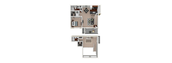 3D furnished rendering of the B1 920-square-foot two-bedroom, two-bath loft apartment at Lincoln Shores Apartments.