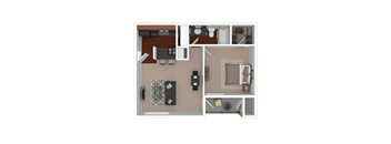 3D furnished rendering of the A1 Lakeside 550-square-foot one-bedroom, one-bath apartment at Lincoln Shores Apartments.