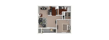 3D furnished rendering of the A2 650-square-foot one-bedroom, one-bath apartment at Lincoln Shores Apartments.
