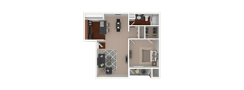 3D furnished rendering of the A3 750-square-foot one-bedroom, one-bath apartment at Lincoln Shores Apartments.