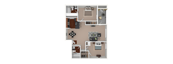3D furnished rendering of the B2 1,000-square-foot two-bedroom, two-bath apartment at Lincoln Shores Apartments.