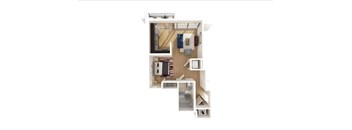 A top-down view of a small apartment with a kitchen, living room, and bedroom.