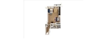 A top down view of a small apartment with a kitchen, living room, and bathroom.