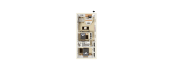 3D furnished rendering of the B1 Elm 800-square-foot two-bedroom, one-and-a-half-bath apartment at Society Hill at Lehigh Park Apartments.