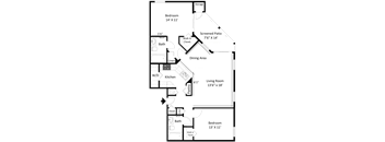2D floor plan of the St. Marks two-bedroom, two-bathroom apartment at Providence at Palm Harbor, showing the open living and dining area, kitchen, bedrooms, bathrooms, and closets.