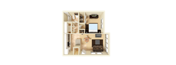 3D furnished rendering of the A1 Cambridge 540-square-foot one-bedroom, one-bath apartment at Town Place Apartments.