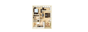 3D furnished rendering of the A2 Newbury 720-square-foot one-bedroom, one-bath apartment at Town Place Apartments.