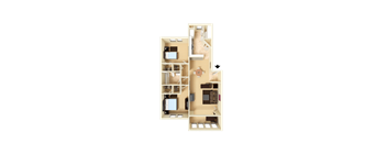 3D furnished rendering of the B1 Harvard 836-square-foot two-bedroom, one-bath apartment at Town Place Apartments.