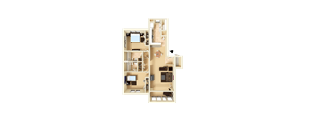 3D furnished rendering of the B2 Copley 1,036-square-foot two-bedroom, two-bath apartment at Town Place Apartments.