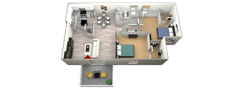 3D furnished rendering of the B1 Tranquility 975-square-foot two-bedroom, two-bath apartment at Madison at Roosevelt Apartments.