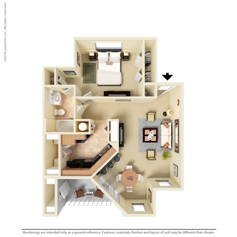 Furnished 3D floor plan of the American Shoal one-bedroom apartment at Providence at Palm Harbor, staged to illustrate furniture placement in the bedroom, living room, dining area, and kitchen.