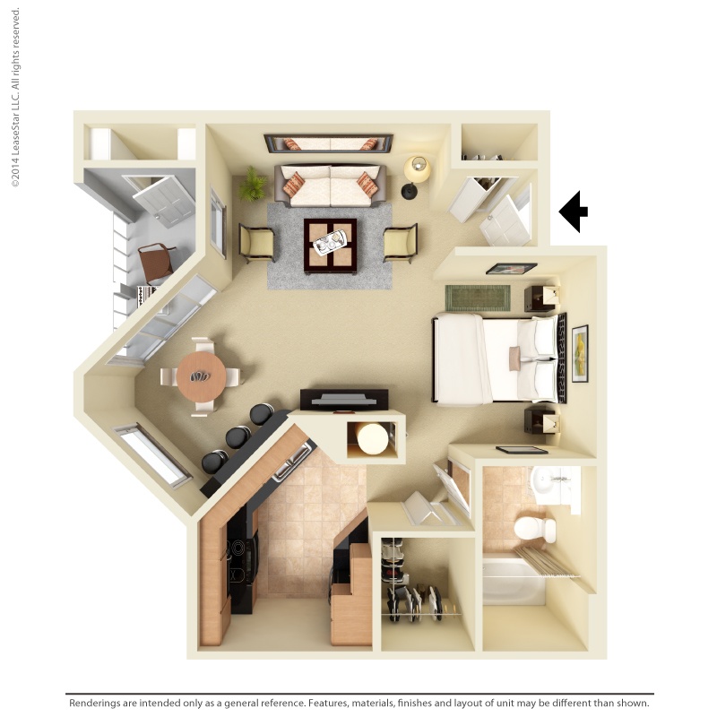 Furnished 3D floor plan of the Sanibel studio at Providence at Palm Harbor, staged to show suggested placement for the bed, seating, dining, and other furniture.