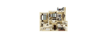 3D furnished rendering of the B1 Hibiscus 1,055-square-foot two-bedroom, one-bath apartment at Windsor Club at Legacy Park.
