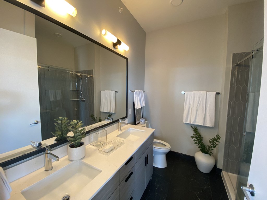 a bathroom with a large mirror and a toilet