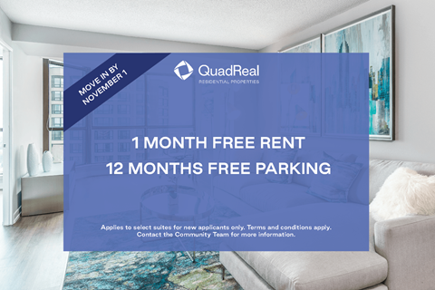 A room with a couch and a poster that says "1 MONTH FREE RENT 12 MONTHS FREE PARKING".