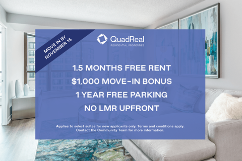 A QuadReal Real Estate Properties advertisement offers 1.5 months free rent and $1,000 move-in bonus among other incentives.