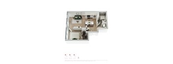 A top-down view of an apartment with a kitchen, living room, and bathroom.