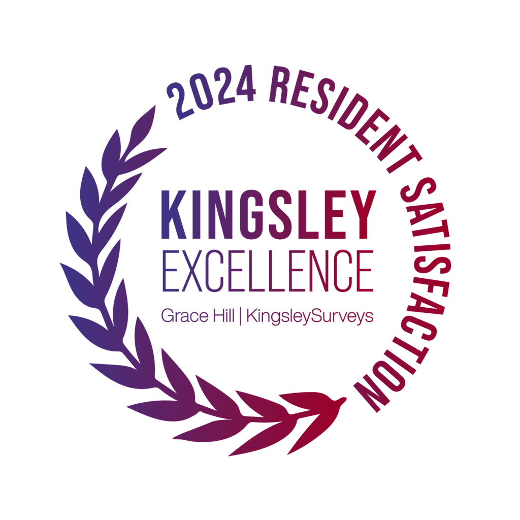 a green circle with the words kingsley excellence with purple leaves