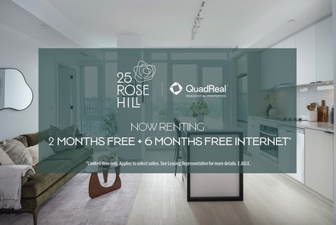 A modern kitchen and living room are on display for a 2 month free rent and 6 months free internet offer.