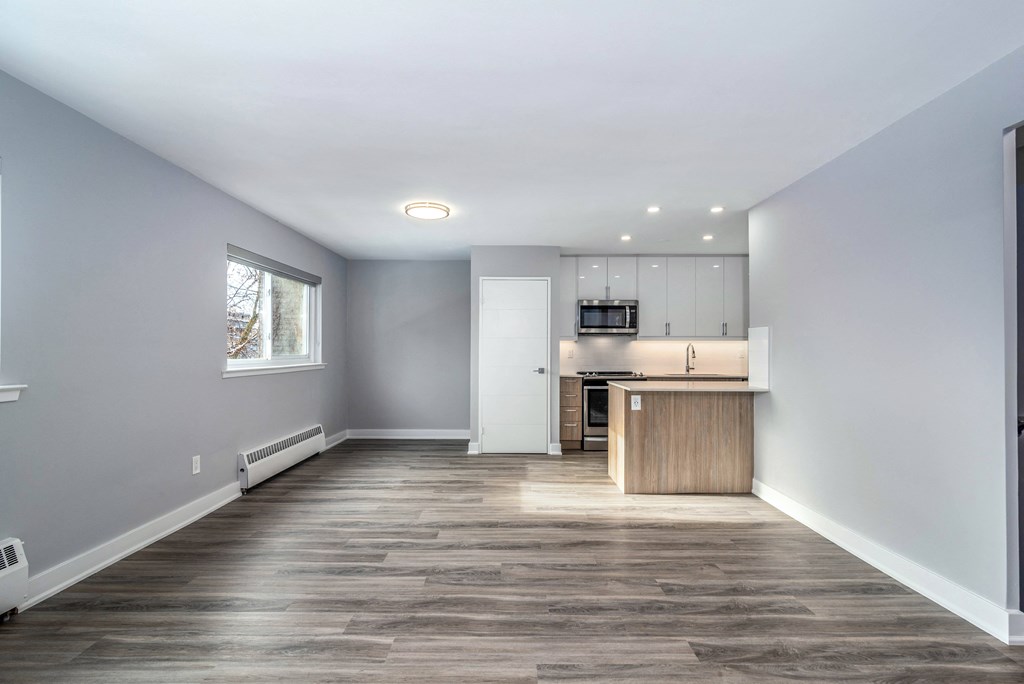 Sunny living room, dining room and kitchen