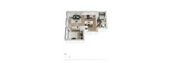 A top-down view of a modern apartment with a kitchen, living room, and bathroom.