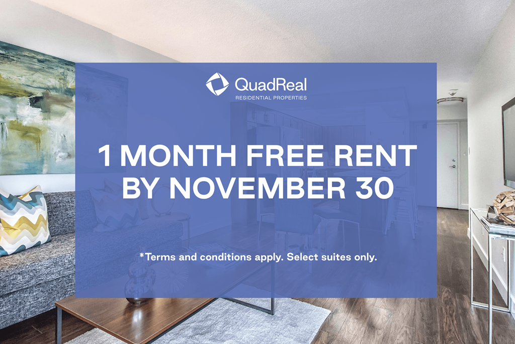A room with a couch and a coffee table is shown with an advertisement for a free month of rent from QuadReal Residential Properties.