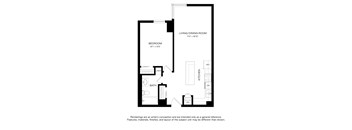 A floor plan of a small apartment with a living and dining room, kitchen, bathroom, and bedroom.