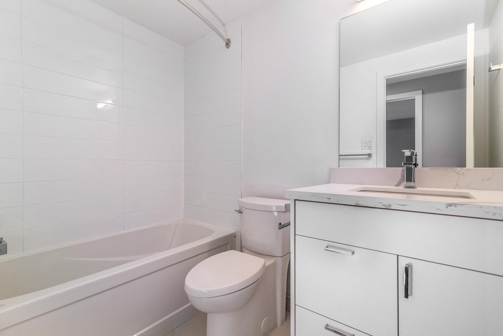 Bright bathroom with tub, toilet and vanity