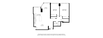 A floor plan of a house with a kitchen, two bedrooms, a bathroom, a living room, and a dining room.