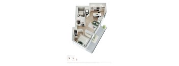 A floor plan of a house with a kitchen, living room, and one bedrooms.
