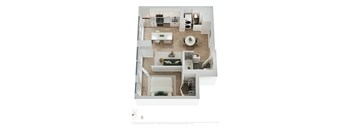 A top-down view of a modern apartment layout.