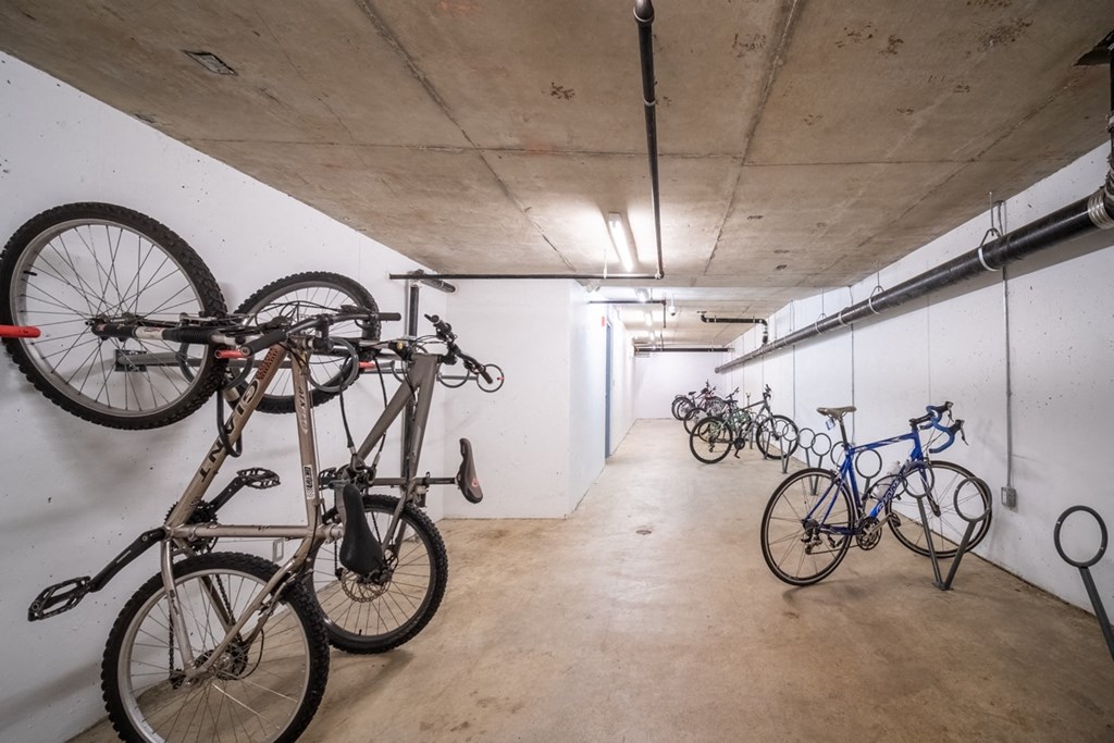 a row of bikes hanging from a wall in a garage
