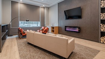 social room with TV, fireplace and a couch - Photo Gallery 14