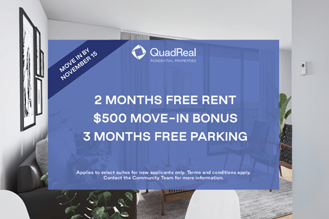 A QuadReal Real Estate advertisement offering 2 months free rent and a $500 move-in bonus.