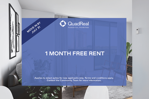 A room with a QuadReal advertisement for a free rent offer.