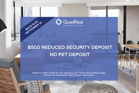 A QuadReal Real Estate advertisement offering a $500 reduced security deposit.