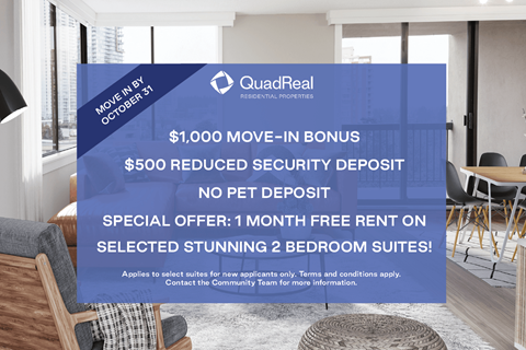 A sign advertising a $1,000 move-in bonus and other incentives for a QuadReal Real Estate property.