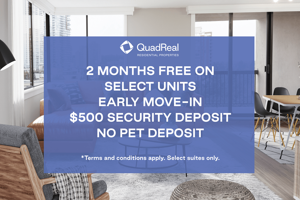 A promotional image for QuadReal Residential Properties offering 2 months free on select units with a $500 security deposit.