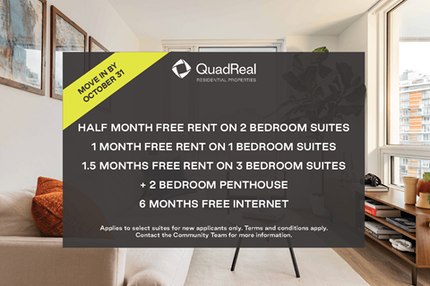A poster advertising a half month free rent on 2 bedroom suites.
