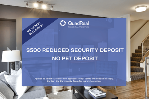 A QuadReal advertisement offers a $500 reduced security deposit for new applicants.