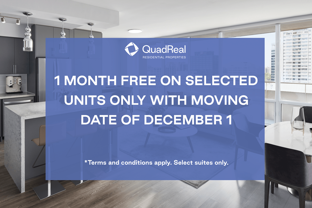 A promotional image for QuadReal Residential Properties offering a free month on selected units for moving in December.